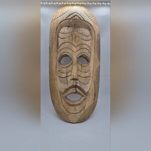 Vintage South African Tribal Art Hand Carved Light Wood Face Mask Wall Decor